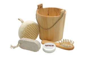 4 piece massage set "Sauna" in wooden bucket with a rope as a handle